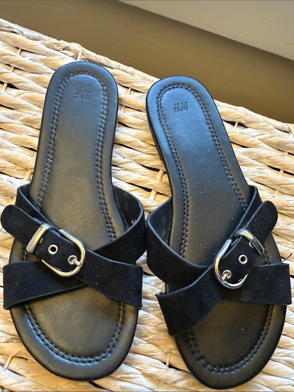 H&M Black Suede Buckle Slide Mules size 8